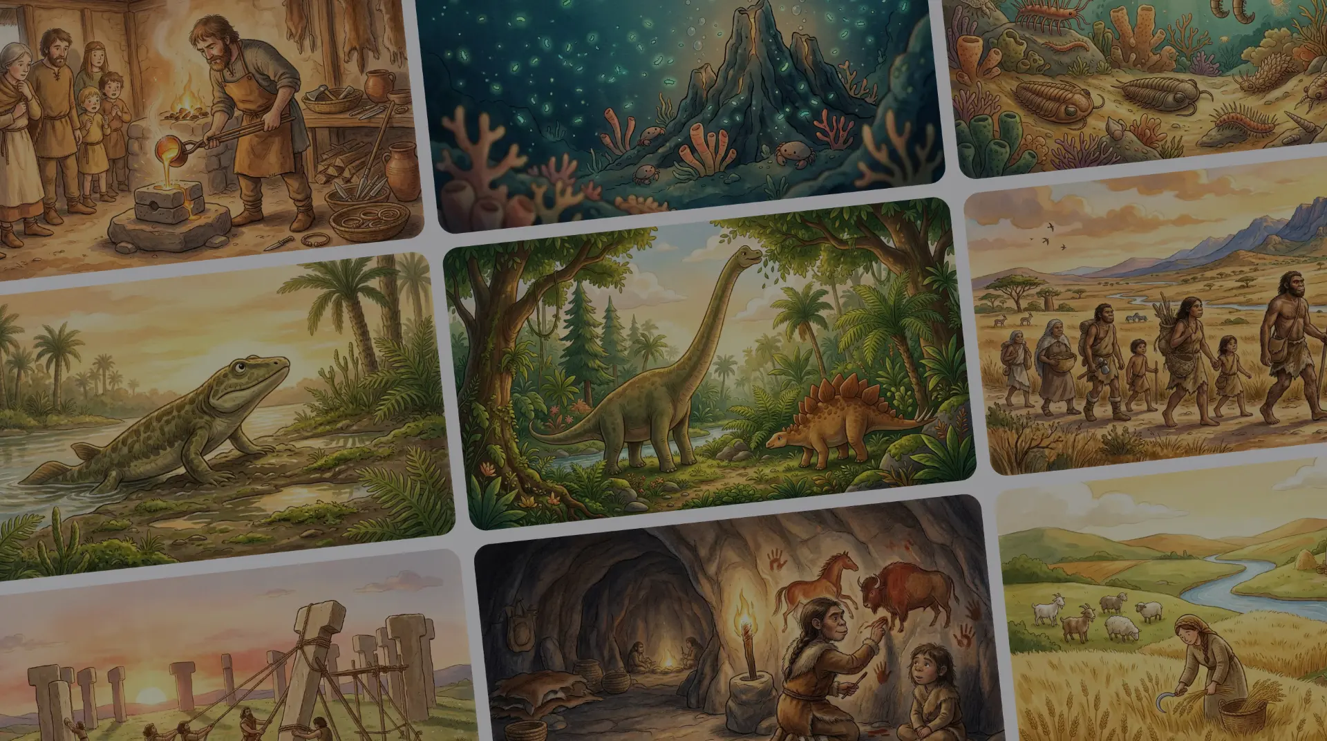 Collage mit Illustrationen von Dinosauriern, Urzeitmenschen, Metallverarbeitung und prähistorischen Landschaften