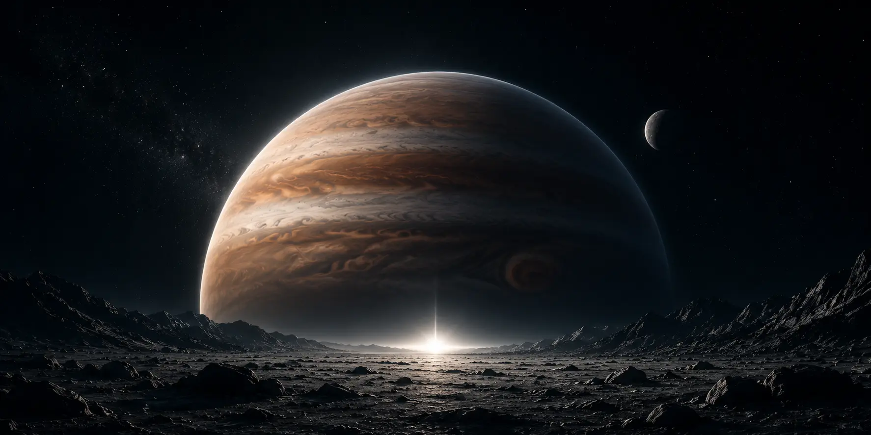 Großer gestreifter Gasplanet über einer dunklen, felsigen Mondoberfläche unter einem Sternenhimmel bei Sonnenaufgang