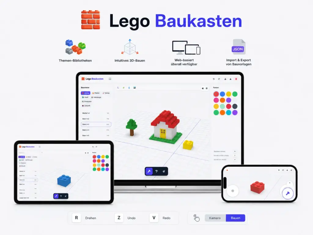 Software für digitalen Lego Baukasten auf Laptop, Tablet und Smartphone mit 3D-Bauoberfläche