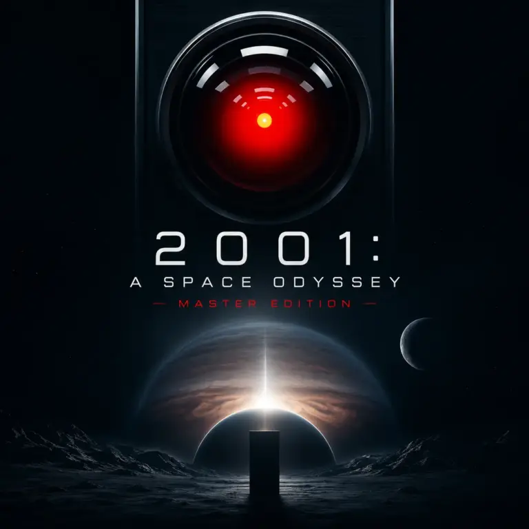 Filmplakat mit rotem Auge oben, Filmtitel in der Mitte und einem Monolithen vor einem Planeten im Weltraum